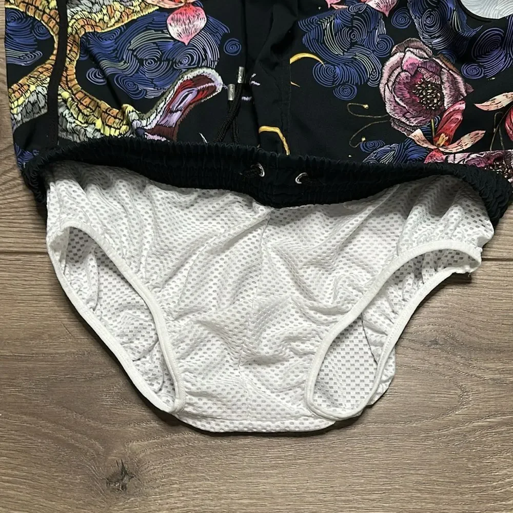 Along 1.5” Men’s Classic‎ Black Floral Snake Lined Swim Shorts Size Large